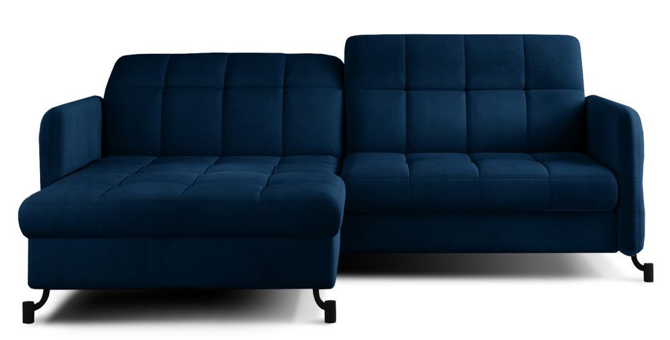 Canapé convertible angle gauche avec têtières réglables velours matelassé bleu foncé Lory 225 cm - Photo n°1