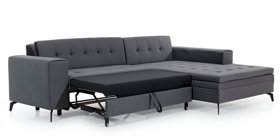 Canapé convertible capitonné angle droit simili cuir noir et pieds métal noir Lazor 295 cm - Photo n°3