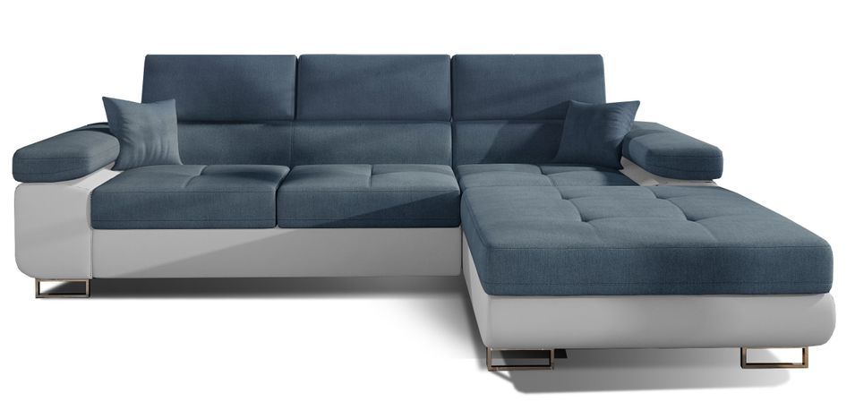 Canapé convertible d'angle droit tissu bleu minéral et simili cuir blanc avec rangement Wile 280 cm - Photo n°1