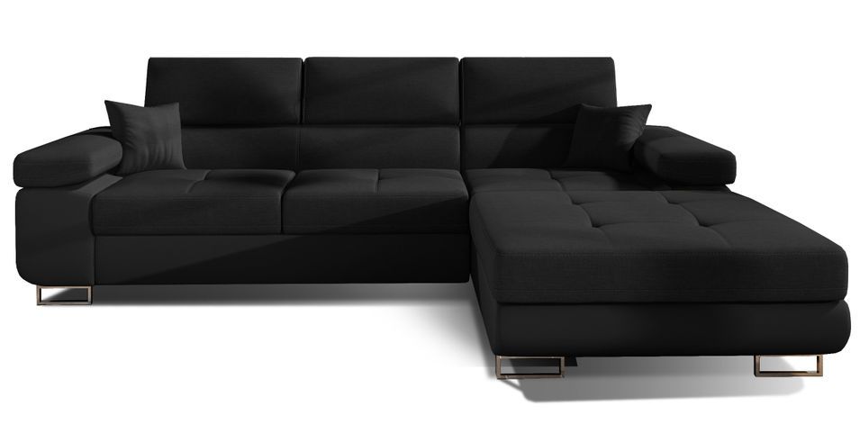Canapé convertible d'angle droit tissu et simili cuir noir avec rangement Wile 280 cm - Photo n°1