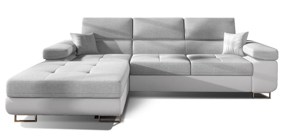 Canapé convertible d'angle gauche tissu gris clair et simili cuir blanc avec rangement Wile 280 cm - Photo n°1