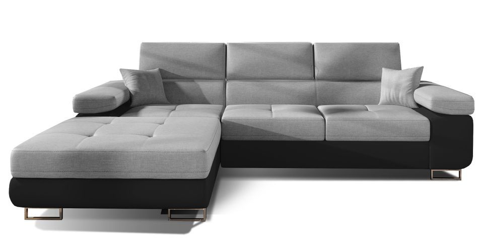 Canapé convertible d'angle gauche tissu gris clair et simili cuir noir avec rangement Wile 280 cm - Photo n°2