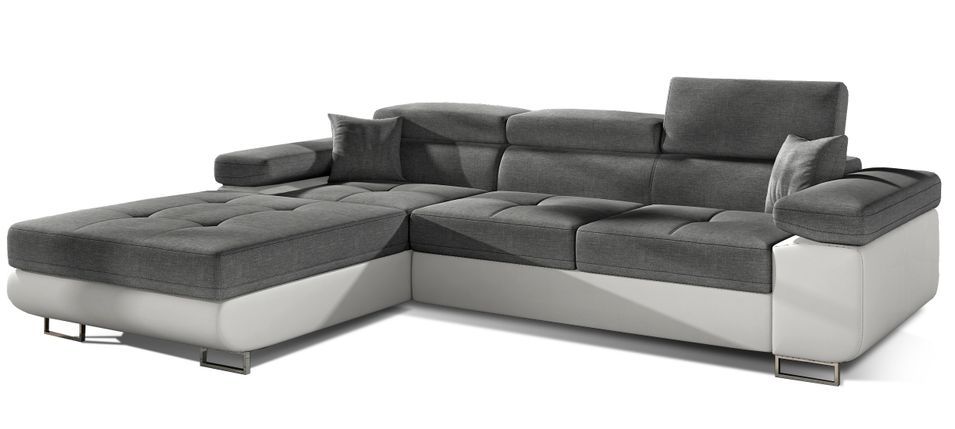 Canapé convertible d'angle gauche tissu gris foncé et simili cuir blanc avec rangement Wile 280 cm - Photo n°1