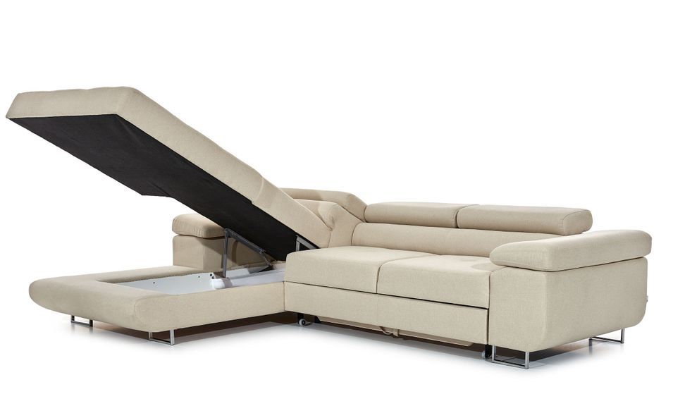 Canapé convertible d'angle gauche tissu gris foncé et simili cuir blanc avec rangement Wile 280 cm - Photo n°10