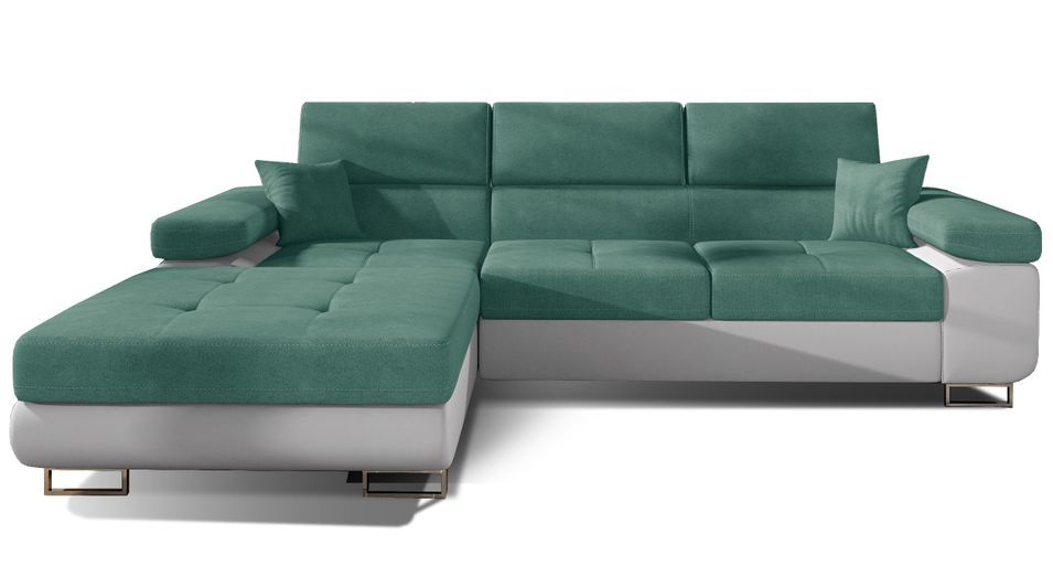 Canapé convertible d'angle gauche tissu vert et simili cuir blanc avec rangement Wile 280 cm - Photo n°1