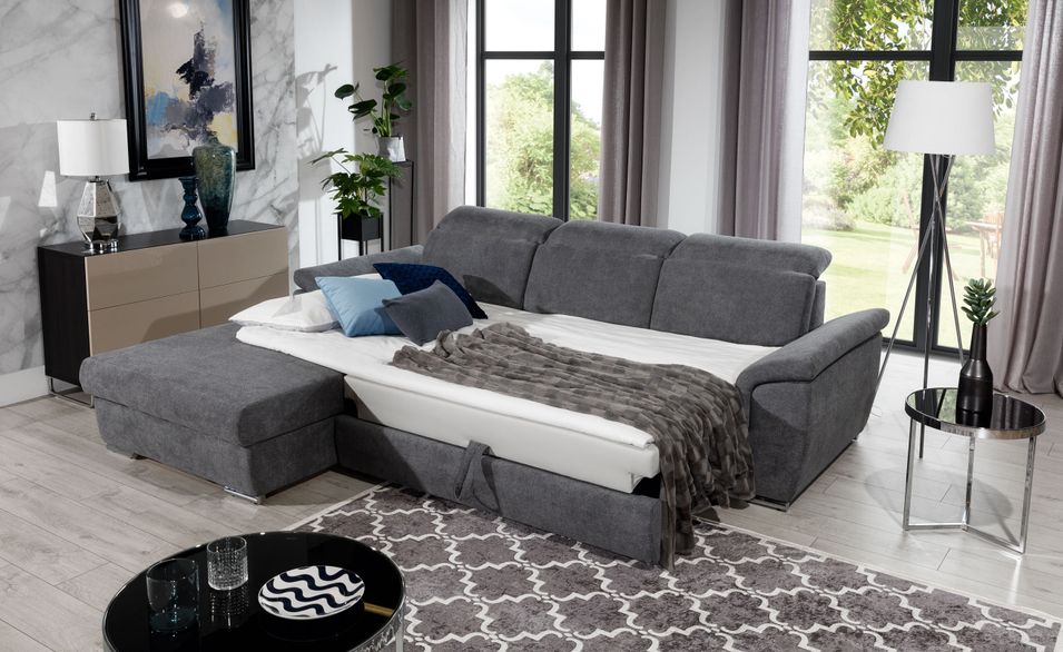 Canapé D'angle Convertible MOLIA - Version Angle Droit Ou Gauche - Avec Couchage 200x140 Cm Et Rangement - Marron