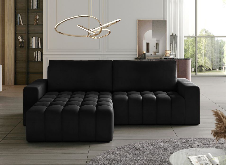 Canapé convertible design velours matelassé noir angle gauche Bozen 250 cm - Photo n°2