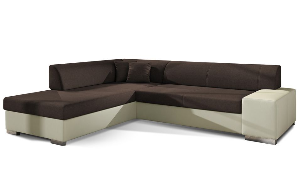 Canapé convertible moderne angle gauche tissu marron et simili cuir beige Plazo 278 cm - Photo n°1