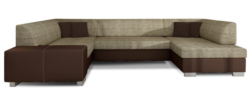 Canapé convertible panoramique bi matières tissu beige clair chiné et simili cuir marron avec coffre de rangement Houston 320 cm - Photo n°11