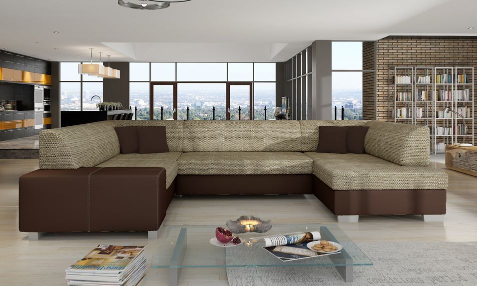 Canapé convertible panoramique bi matières tissu beige clair chiné et simili cuir marron avec coffre de rangement Houston 320 cm - Photo n°2