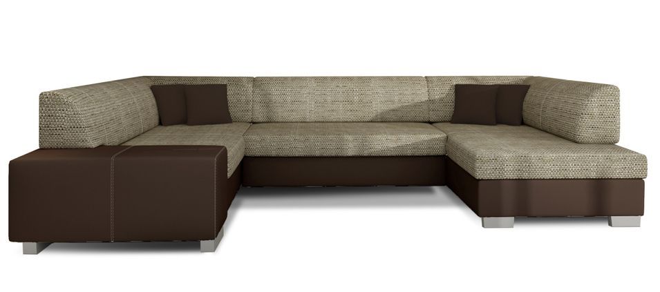 Canapé convertible panoramique bi matières tissu beige clair chiné et simili cuir marron avec coffre de rangement Houston 320 cm - Photo n°1