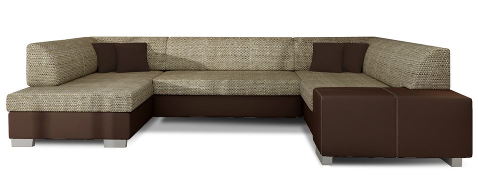 Canapé convertible panoramique bi matières tissu beige clair chiné et simili cuir marron avec coffre de rangement Houston 320 cm - Photo n°1