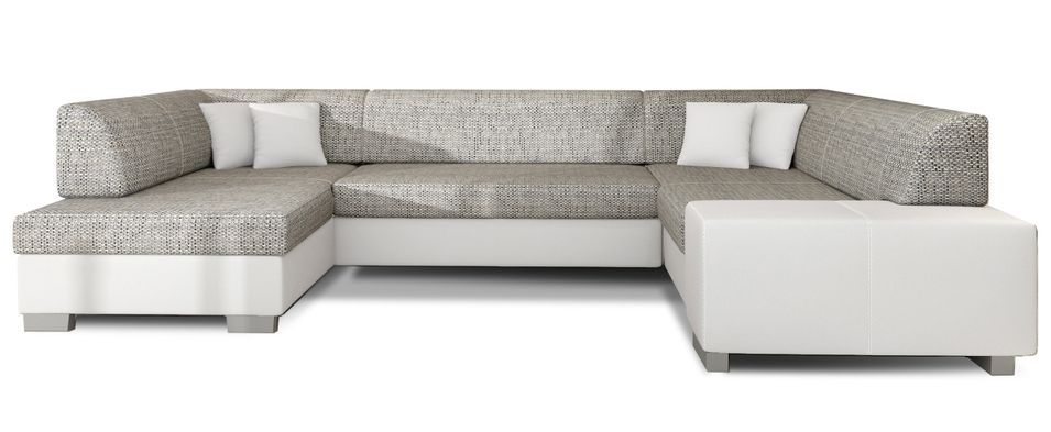 Canapé convertible panoramique bi matières tissu gris clair chiné et simili cuir blanc avec coffre de rangement Houston 320 cm - Photo n°7