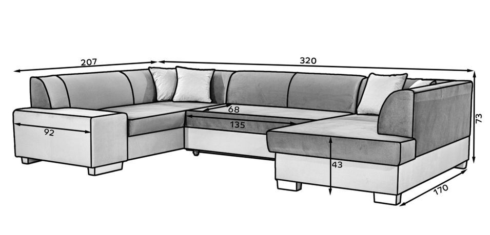 Canapé convertible panoramique bi matières tissu gris clair chiné et simili cuir blanc avec coffre de rangement Houston 320 cm - Photo n°5