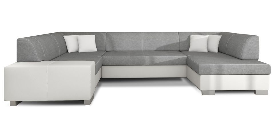 Canapé convertible panoramique bi matières tissu gris clair et simili cuir blanc avec coffre de rangement Houston 320 cm - Photo n°1