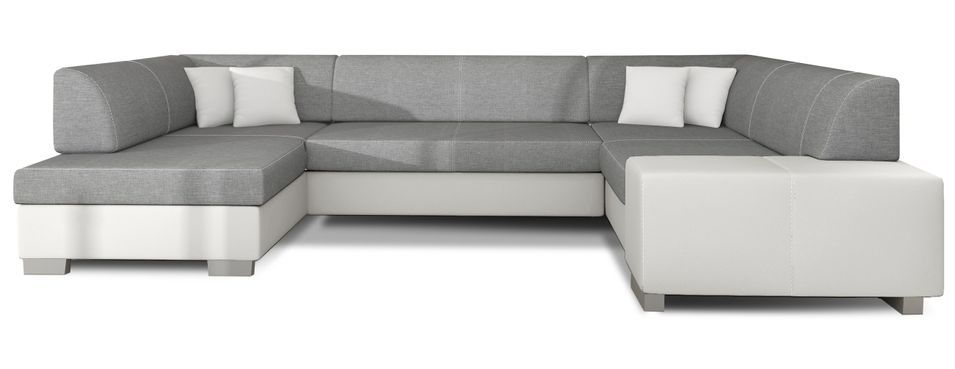 Canapé convertible panoramique bi matières tissu gris clair et simili cuir blanc avec coffre de rangement Houston 320 cm - Photo n°8
