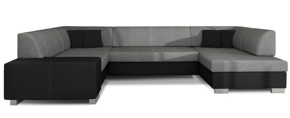 Canapé convertible panoramique bi matières tissu gris et simili cuir noir avec coffre de rangement Houston 320 cm - Photo n°1