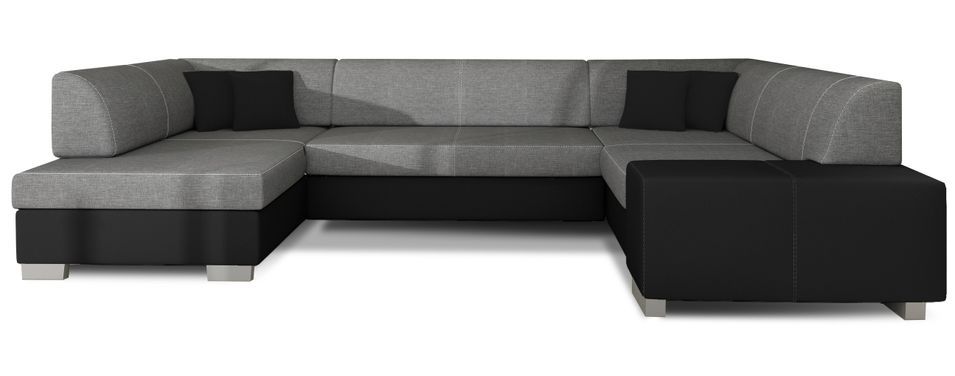 Canapé convertible panoramique bi matières tissu gris et simili cuir noir avec coffre de rangement Houston 320 cm - Photo n°8