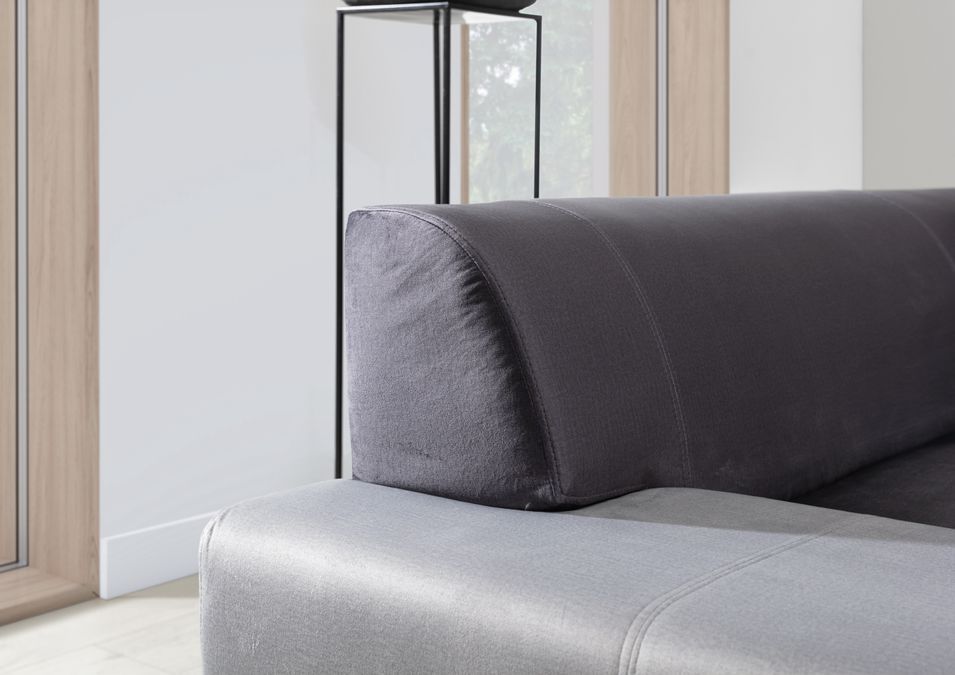 Canapé convertible panoramique bi matières tissu gris et simili cuir noir avec coffre de rangement Houston 320 cm - Photo n°5