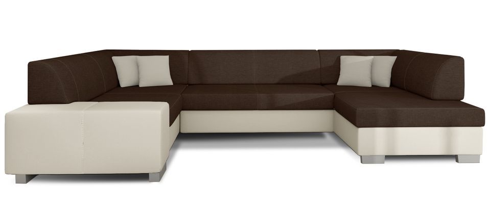 Canapé convertible panoramique bi matières tissu marron et simili cuir beige avec coffre de rangement Houston 320 cm - Photo n°12