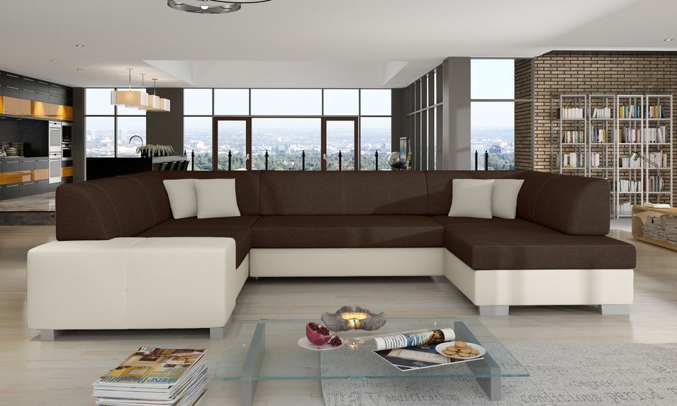 Canapé convertible panoramique bi matières tissu marron et simili cuir beige avec coffre de rangement Houston 320 cm - Photo n°2