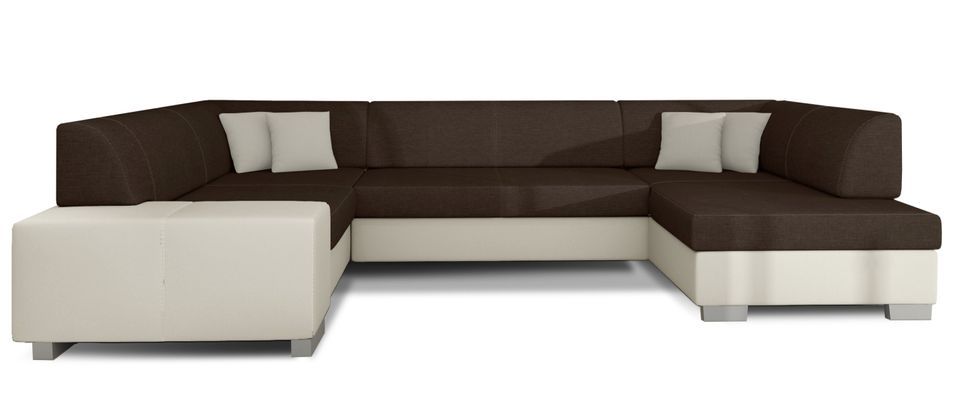 Canapé convertible panoramique bi matières tissu marron et simili cuir beige avec coffre de rangement Houston 320 cm - Photo n°1