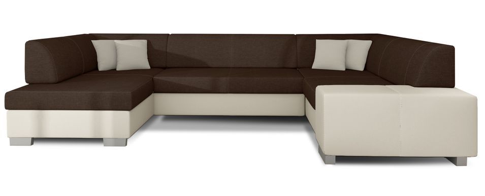 Canapé convertible panoramique bi matières tissu marron et simili cuir beige avec coffre de rangement Houston 320 cm - Photo n°1