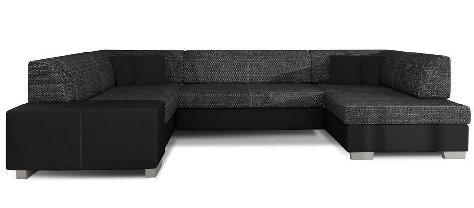 Canapé convertible panoramique bi matières tissu noir chiné et simili cuir noir avec coffre de rangement Houston 320 cm - Photo n°1