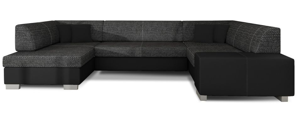 Canapé convertible panoramique bi matières tissu noir chiné et simili cuir noir avec coffre de rangement Houston 320 cm - Photo n°8