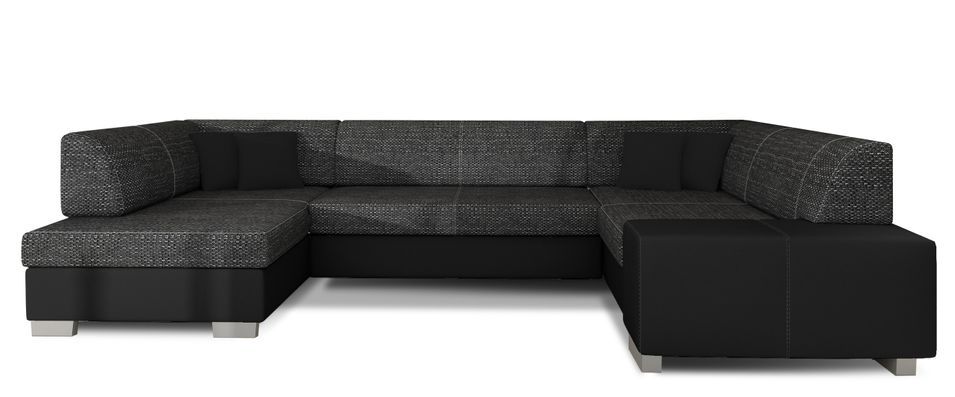 Canapé convertible panoramique bi matières tissu noir chiné et simili cuir noir avec coffre de rangement Houston 320 cm - Photo n°1