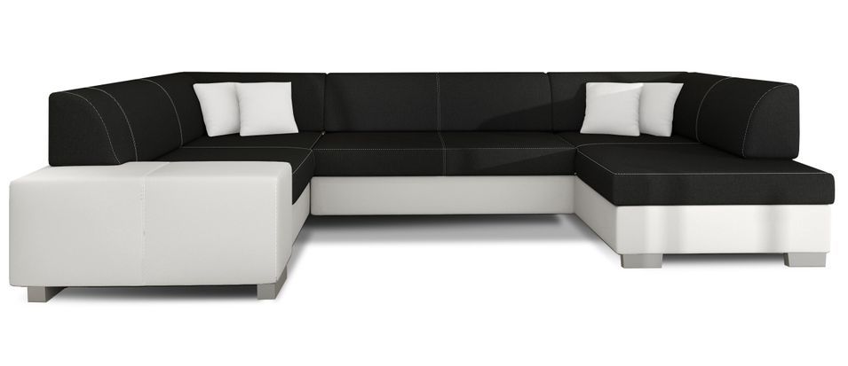 Canapé convertible panoramique bi matières tissu noir et simili cuir blanc avec coffre de rangement Houston 320 cm - Photo n°8