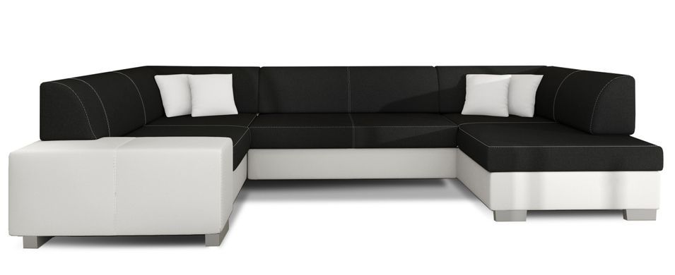 Canapé convertible panoramique bi matières tissu noir et simili cuir blanc avec coffre de rangement Houston 320 cm - Photo n°1