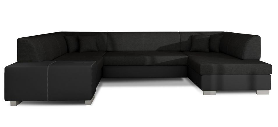 Canapé convertible panoramique bi matières tissu noir et simili cuir noir avec coffre de rangement Houston 320 cm - Photo n°1