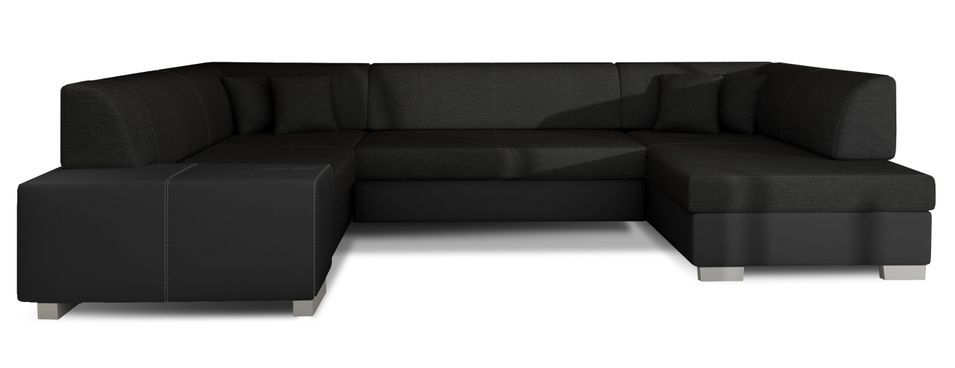 Canapé convertible panoramique bi matières tissu noir et simili cuir noir avec coffre de rangement Houston 320 cm - Photo n°7