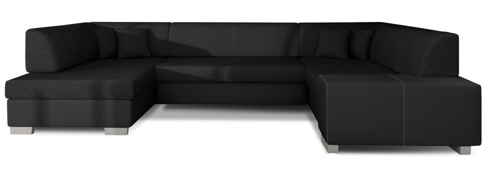 Canapé convertible panoramique bi matières tissu noir et simili cuir noir avec coffre de rangement Houston 320 cm - Photo n°1