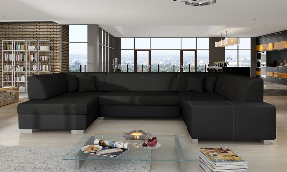 Canapé convertible panoramique bi matières tissu noir et simili cuir noir avec coffre de rangement Houston 320 cm - Photo n°6