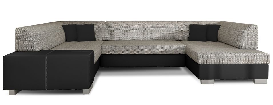Canapé convertible panoramique bi matières tissu gris chiné et simili cuir noir avec coffre de rangement Houston 320 cm - Photo n°8