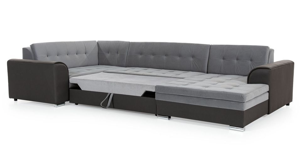 Canapé convertible panoramique tissu gris chiné et simili noir méridienne à droite Diana 340 cm - Photo n°3
