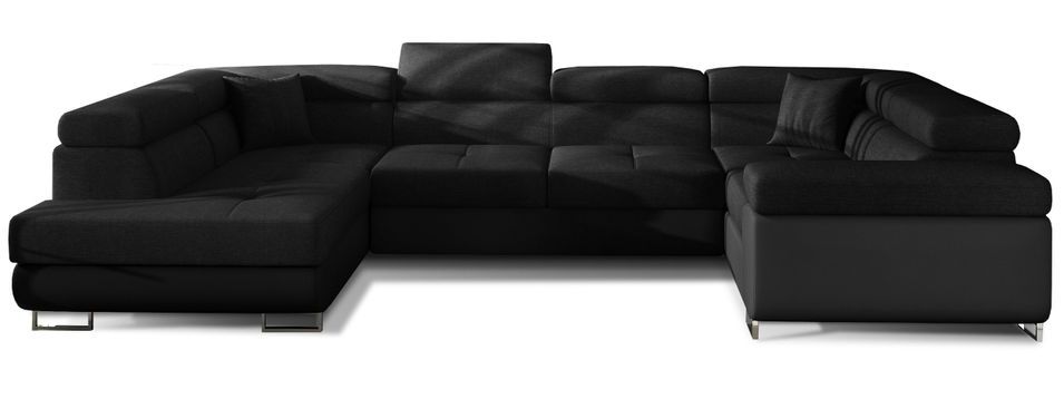 Canapé convertible U gauche tissu et simili noir avec coffre de rangement Tovy 340 cm - Photo n°1