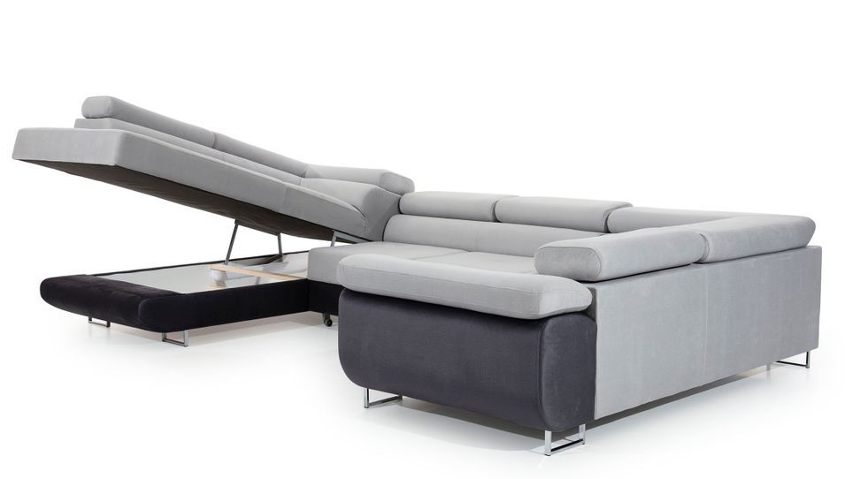 Canapé convertible U gauche tissu gris clair avec coffre de rangement Tovy 340 cm - Photo n°3