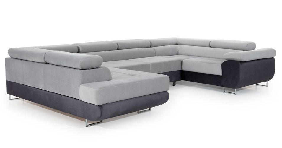 Canapé convertible U gauche tissu gris clair et simili blanc avec coffre de rangement Tovy 340 cm - Photo n°7