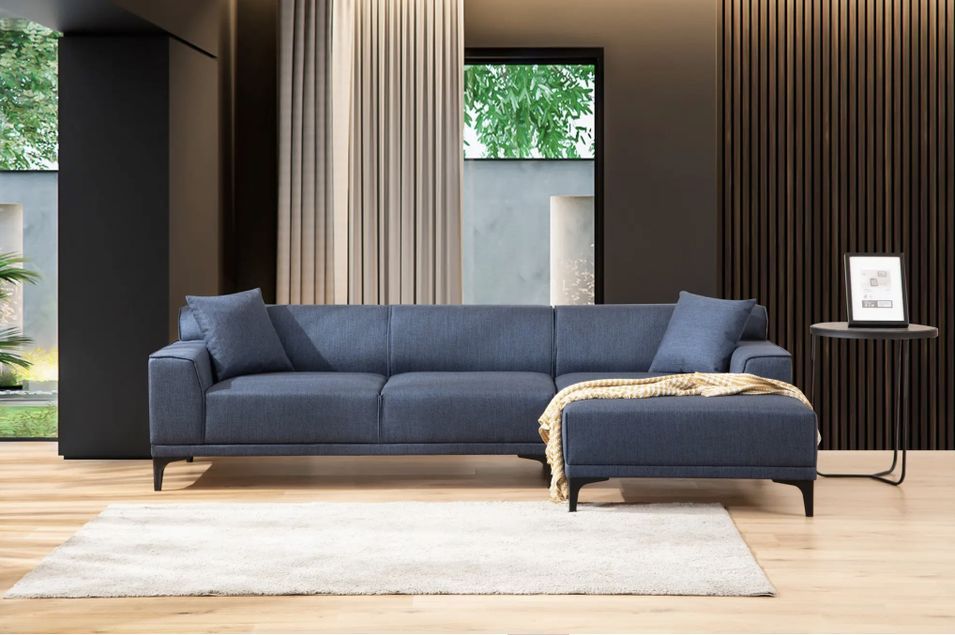 Canapé d'angle à droite moderne en tissu bleu avec 2 coussin Tivano 250 cm - Photo n°2
