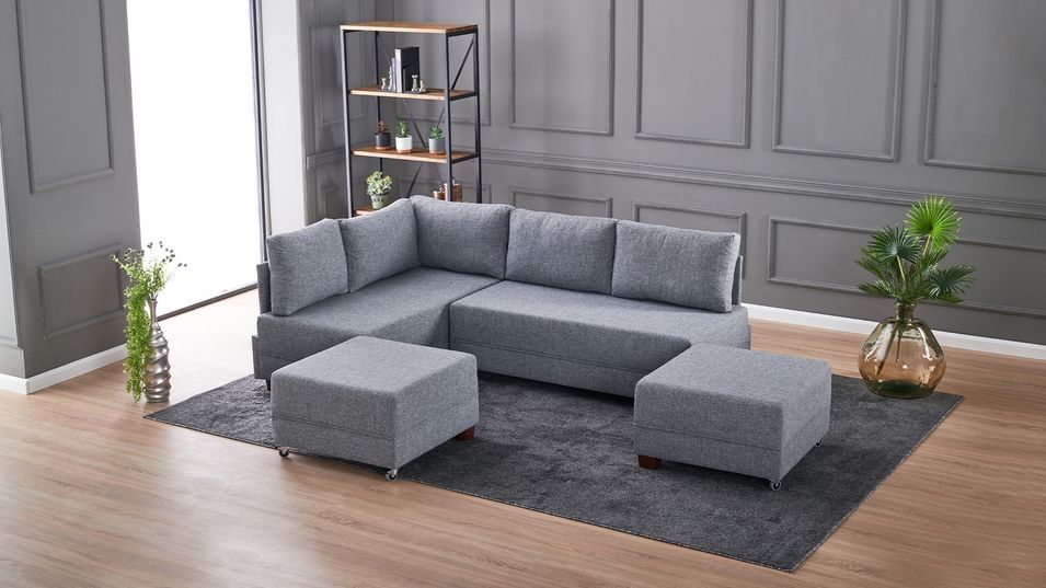 Canapé d'angle convertible et 2 poufs tissu Tikona 280 cm - Photo n°3