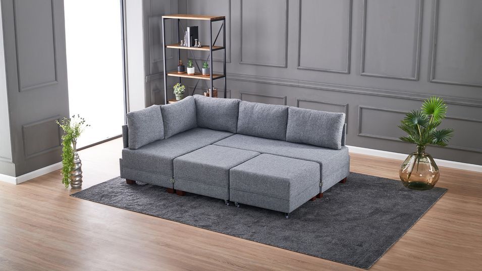 Canapé d'angle convertible et 2 poufs tissu Tikona 280 cm - Photo n°5