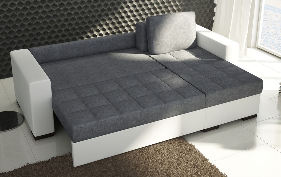 Canapé d'angle convertible et réversible tissu gris clair et simili cuir noir Zelly 237 cm - Photo n°4