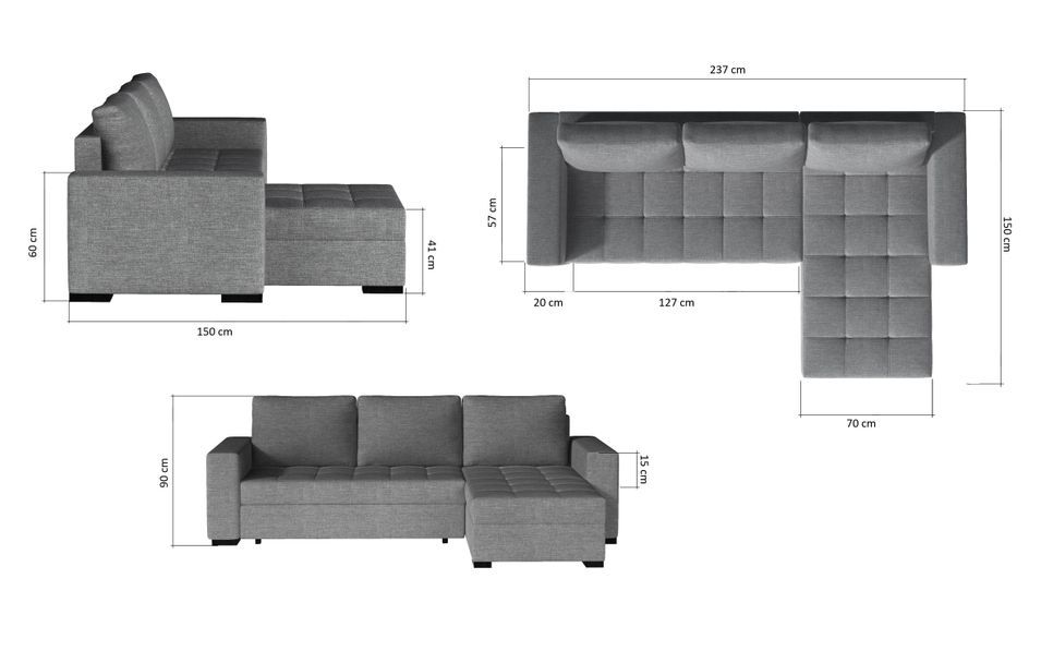 Canapé d'angle convertible et réversible tissu gris clair et simili cuir noir Zelly 237 cm - Photo n°5