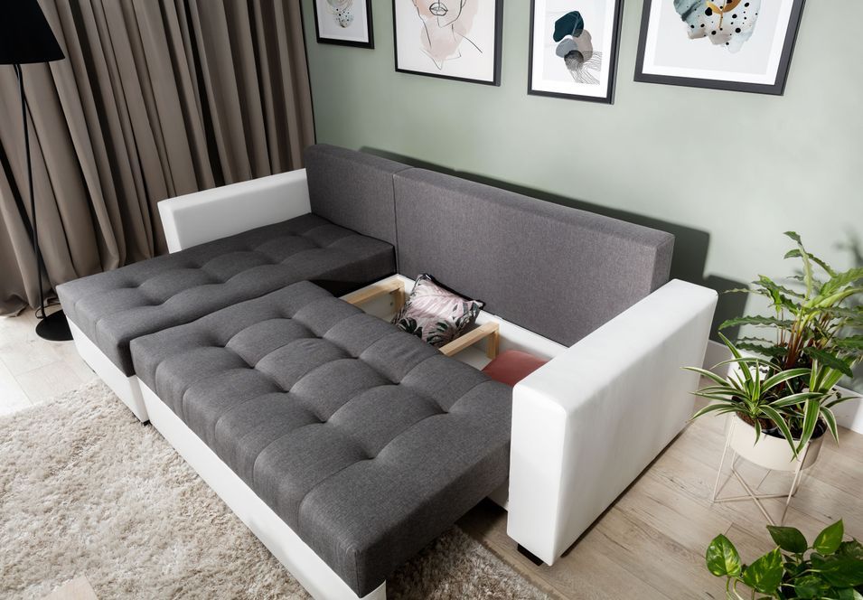 Canapé d'angle convertible et réversible tissu gris clair et simili cuir noir Zelly 237 cm - Photo n°11