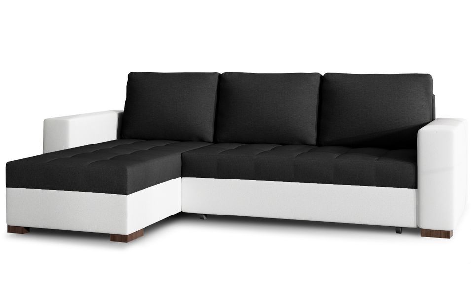 Canapé d'angle convertible et réversible tissu noir et simili cuir blanc Zelly 237 cm - Photo n°1