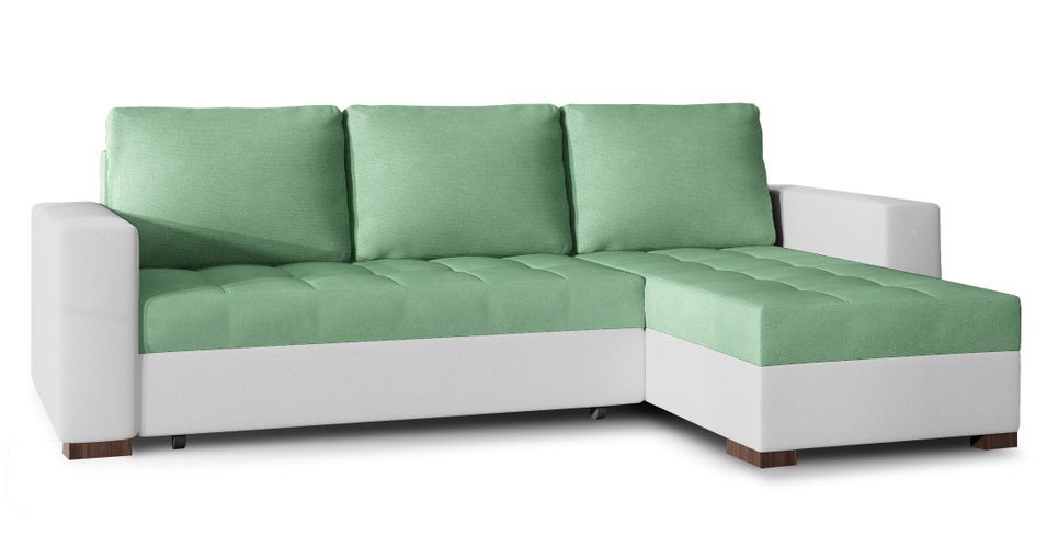 Canapé d'angle convertible et réversible tissu vert clair et simili cuir blanc Zelly 237 cm - Photo n°1