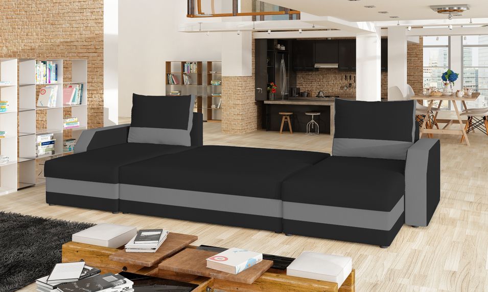 Canapé d'angle convertible panoramique bicolore tissu gris et noir Nordy 307 cm - Photo n°3